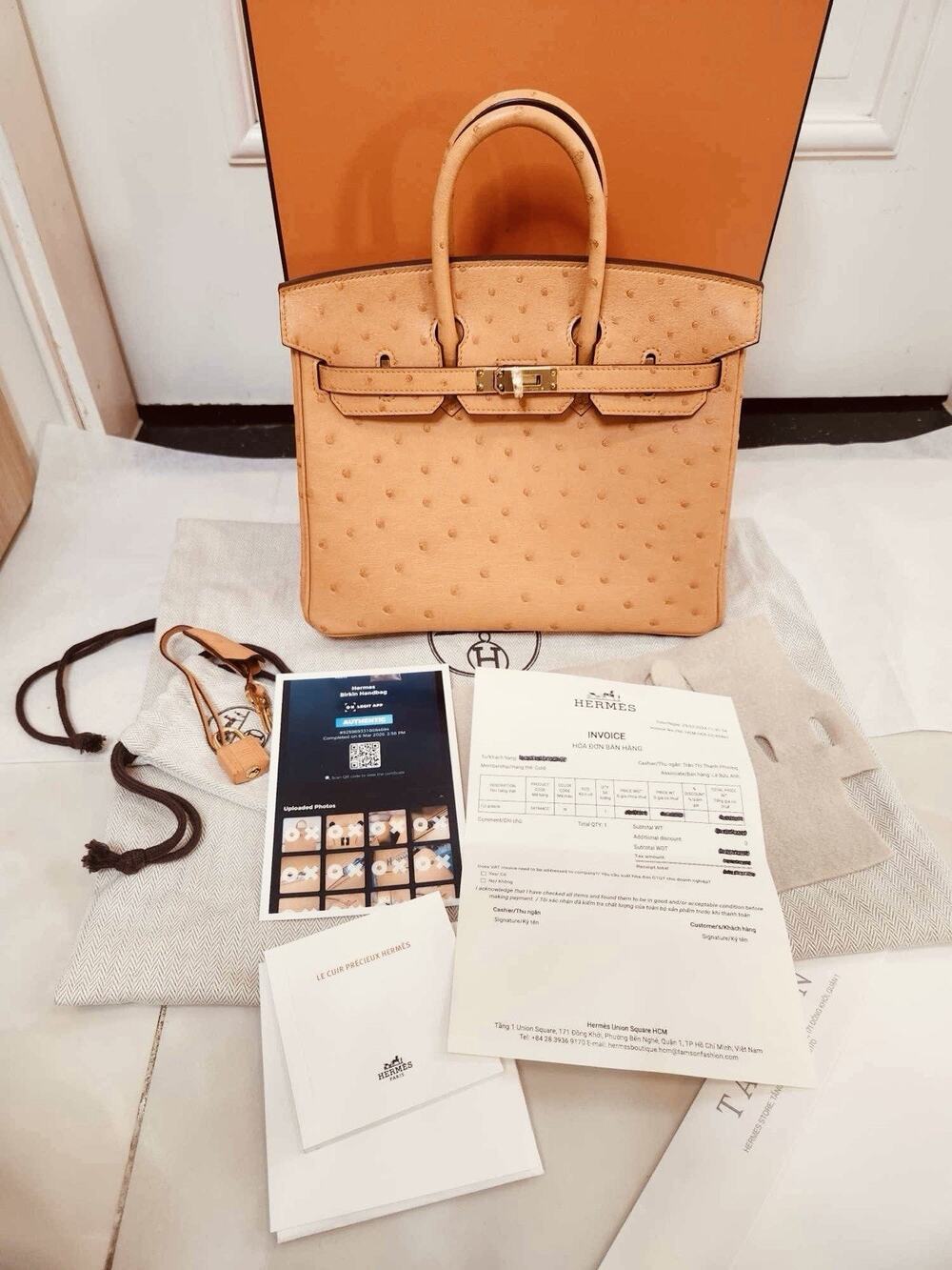 SALE TIL 8/30 🌸 BNIB HERMÈS Birkin 25 Ostrich Abricot GHW B 2024 Full Set 🌸